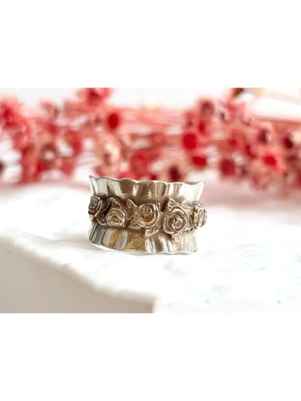 Regina Lane Rosebud Floral Lined Sterling Silver 925 Vintage Ring - sz 6.75